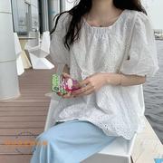 白色镂空衬衫女设计感小众夏装，短袖2023泡泡，袖娃娃衫上衣韩版