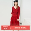 雪歌2022秋季长袖红色连衣裙设计感中长款蛋糕裙XH311008A415