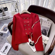 小香风红色毛衣开衫女秋冬秋季小个子，短款法式高级感圆领针织外套