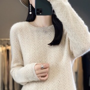 秋冬100%纯羊绒衫女韩版圆领镂空麻花套头毛衣，羊毛针织打底衫
