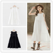 夏季薄款中大女孩儿童亲子装，白黑色(白黑色)韩版纯棉，吊带背心沙滩连衣长裙