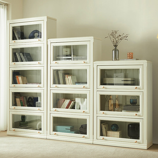 简约书柜白色玻璃门组合现代书架落地儿童，储物柜实木轻奢防尘书橱
