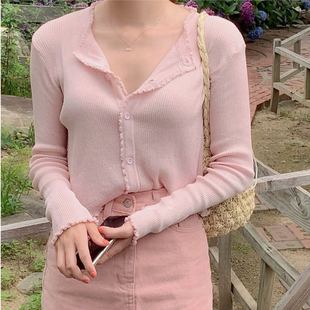 韩国女装2024春季甜美可爱花瓣边竖纹单排扣针织开衫长袖外套