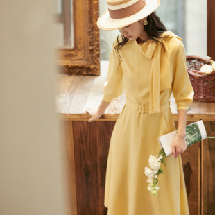 春秋高贵洋气黄色衬衫，连衣裙垂感肌理面料，复古法式上班裙子