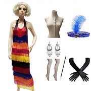 1920s波西米亚连衣裙彩虹流苏，裙挂脖性感，露背拉丁舞裙聚会代发