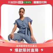 香港直邮潮奢monki女士monki绉，条纹腰带黑色，方格棉布连体裤(蓝