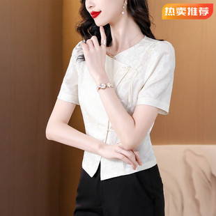 新中式国风白色短袖衬衫女装2024气质盘扣小衫春夏季短款上衣