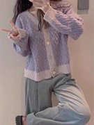 早秋香芋紫v领毛衣外套女奶fufu慵懒宽松软糯针织开衫