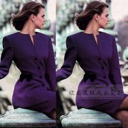 高级定制欧美大牌复古气质深紫色羊毛圆领西装套装裙女通勤单排扣