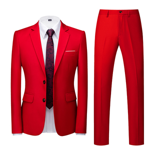 韩版西服套装男士结婚两粒扣两件套本命年大红色西装裤子