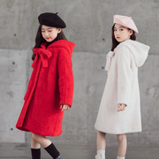 2020秋冬韩版女童毛呢连帽外套中大童亲子装中长款羊，毛呢保暖大衣