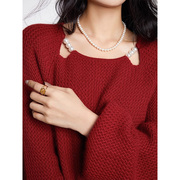设计感小众温柔风韩系御姐风圆领镂空长袖针织衫新年红色打底毛衣