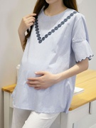 孕妇夏装短袖t恤时尚，条纹体恤上衣韩版宽松百搭纯棉中长款衬衫