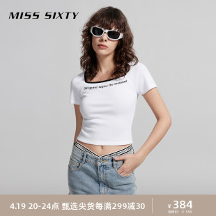 Miss Sixty2024夏季T恤女方领修身短款撞色绣花百搭休闲高街