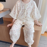 韩国儿童夏季五分袖长裤，家居服套装纱布棉男童，短袖睡衣女童空调服