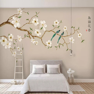 新中式壁画手绘玉兰花鸟壁纸客厅电视背景墙卧室沙发无纺布墙纸