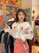大码甜美可爱草莓娃娃领衬衫，上衣女秋季韩版宽松白色长袖上衣