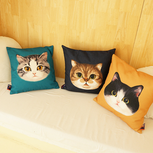 妙吉mewji原创插画抱枕，可爱猫咪猫头喵棉麻，靠垫沙发床头腰枕礼物
