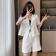 短袖白色西装外套女夏季薄款气质职业装双排扣休闲小个子西服套装