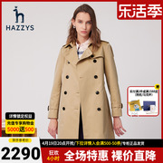 Hazzys哈吉斯女士经典中长款双排扣风衣春季韩版外套女装