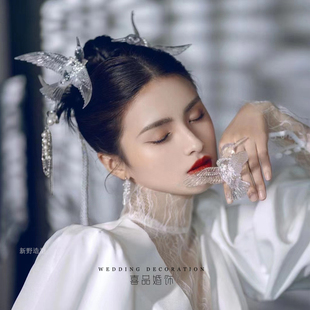 新中式古典风旗袍造型透明水晶鸟，古装头饰秀禾服婚纱礼服新娘饰品
