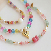 夏季彩色糖果石头串珠手链，2024潮小众设计高级感珍珠爱心手串