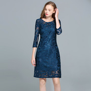 欧美出口高端大码女装，长袖蓝色欧根纱，重工蕾丝连衣裙2023春季