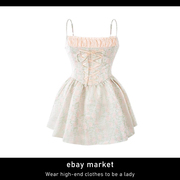 ebay上流社会气质名媛复古小洋装显瘦收腰绑带设计提花吊带连衣裙