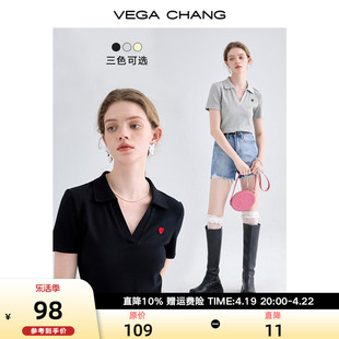 vegachang爱心针织t恤女2024夏款设计感polo领法式短袖提花上衣