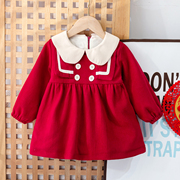 女童冬季连衣裙2022红色洋气韩版可爱娃娃领裙子宝宝加绒礼服