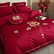 中式婚庆喜字刺绣100长绒棉四件套新婚陪嫁红色床单被套床上用品