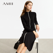 Amii法式撞色中线针织连衣裙女秋冬款修身收腰显高显瘦打底毛衣裙