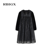 RBIGX瑞比克童装秋季丝绒珠片绣花网纱拼接设计感连衣裙