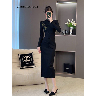 新中式国风改良旗袍连衣裙，女冬季长裙气质，名媛高级感黑色礼服裙子