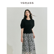 VGRASS镂空钩针肌理黑色泡泡袖上衣女24春季优雅短袖毛针织衫