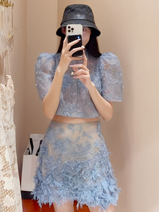 越南设计师蕾丝薄纱钩花网纱，泡泡袖短袖，圆领上衣半裙两件套装