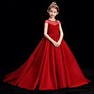 演出服夏蓬蓬(夏蓬蓬)纱拖尾模特走秀红色，女欧美公主晚礼服儿童礼服裙