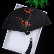 中国风全竹扇子黑色镂空古风女折扇汉服古典仙女随身折叠扇舞蹈扇