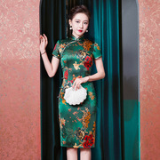 高档夏季真丝旗袍中长款短袖桑，蚕丝双层绿色，底牡丹花中国风女