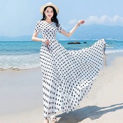 2023夏季流行雪纺裙子白色波点连衣裙女长款复古赫本风沙滩长裙潮