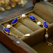 中国风天然珍珠，青金石镶嵌随型手链子，椭圆型简约新中式首饰