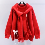 新年本命年红色毛衣女(毛衣女，)冬季2023宽松设计感蝴蝶结配围巾针织衫