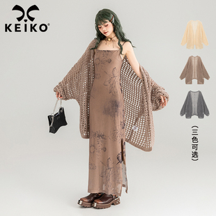 KEIKO 镂空针织开衫女2024春季慵懒风蝙蝠袖毛衣披肩外套外搭罩衫