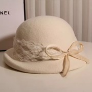 法式贝雷帽秋冬季纯羊毛，圆顶蝴蝶结小礼帽时尚，优雅气质短帽檐盆帽