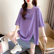 设计感小众短袖t恤女夏季韩版宽松大码女装中长款不规则开叉上衣