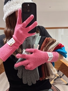 韩版秋冬保暖手套长款五指糖果色可触屏学生百搭针织毛线手套护腕