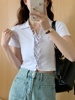 纯欲风白色polo领抽绳短袖t恤女夏季小心机露脐高腰修身短款上衣