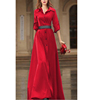 春秋欧洲站时尚系带束腰，长款连衣裙女士，洋气高腰显瘦红色长裙