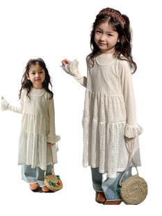 中大女童韩日系镂空背心，裙叠穿春装，儿童白色罩裙连衣裙牛仔裤