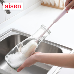 日本AISEN海绵洗杯刷奶瓶保温杯玻璃杯清洁刷手柄可伸缩水杯子刷